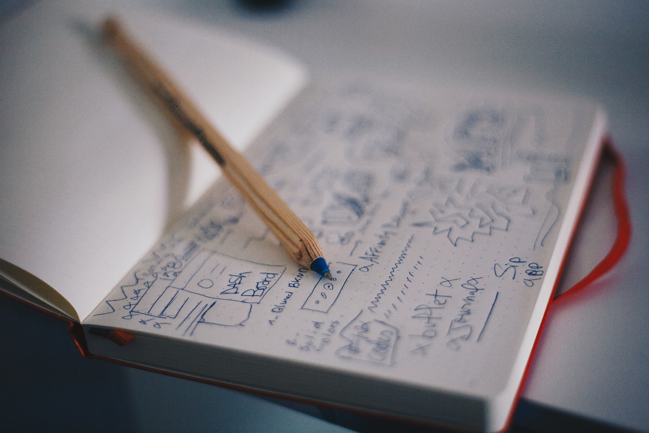 Vemos uma caderneta com algumas anotações (imagem ilustrativa). Texto: design sprint.